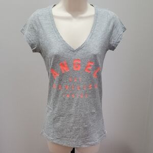 Victorias Secret V-Neck 'Angel' Graphic Tee - Light Gray with Orange Sz XS